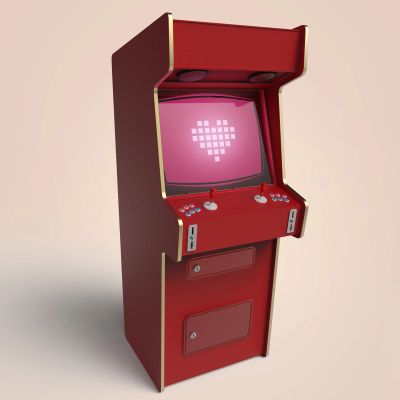 Retro red arcade machine with pixel heart on screen.