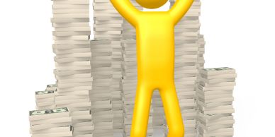 A yellow figure celebrating in front of large stacks of money.
