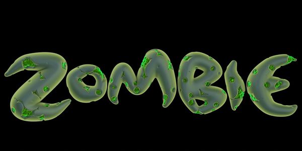 Green, slimy letters spell out 'ZOMBIE' on a black background.