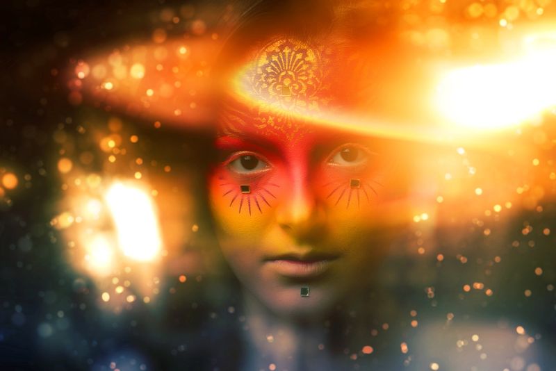 woman portrait with makeup, face paint.surreal and paranormal fortune teller portrait surrounded by defocused lights.