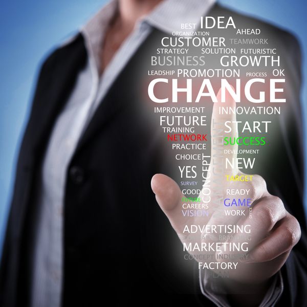 Businessman pointing at the word CHANGE among various business-related terms.