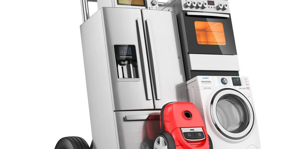 Hand truck loaded with various modern household appliances.