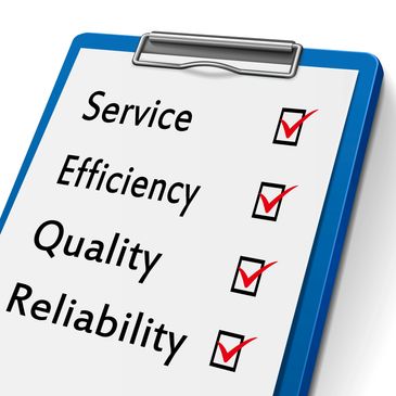 Clipboard checklist with service, efficiency, quality, and reliability all checked.