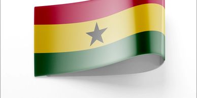 Waving flag of Ghana with red, yellow, green stripes and black star.