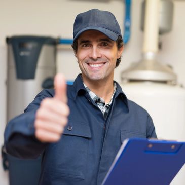 Smiling technician in uniform giving thumbs up with clipboard.