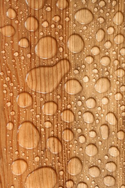 Water droplets on a wooden surface showing clear reflections and texture.