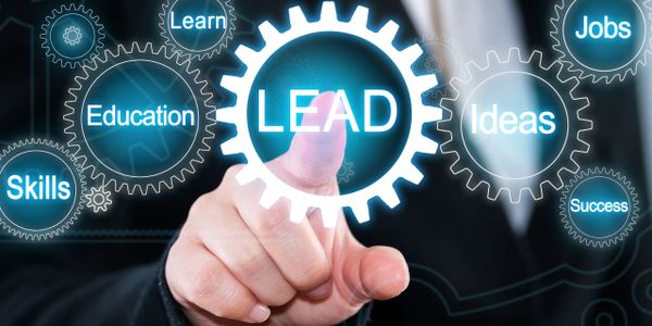 A hand points to a glowing gear labeled 'LEAD' among other gears with career-related words.
