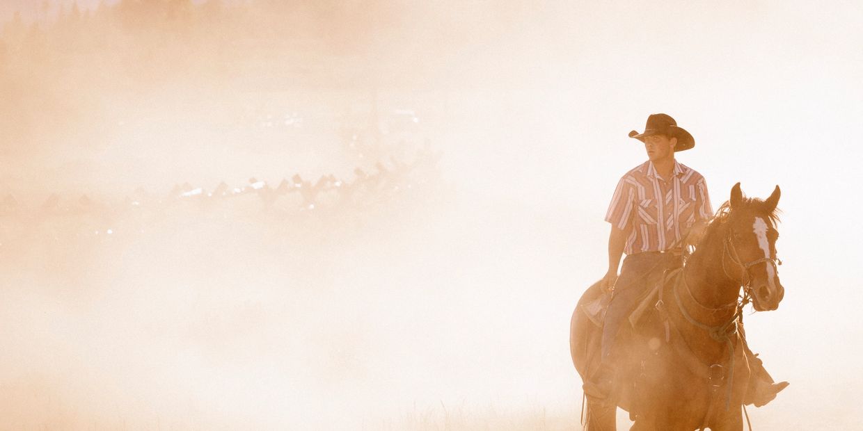 Cowboy on horseback in a dusty environment.