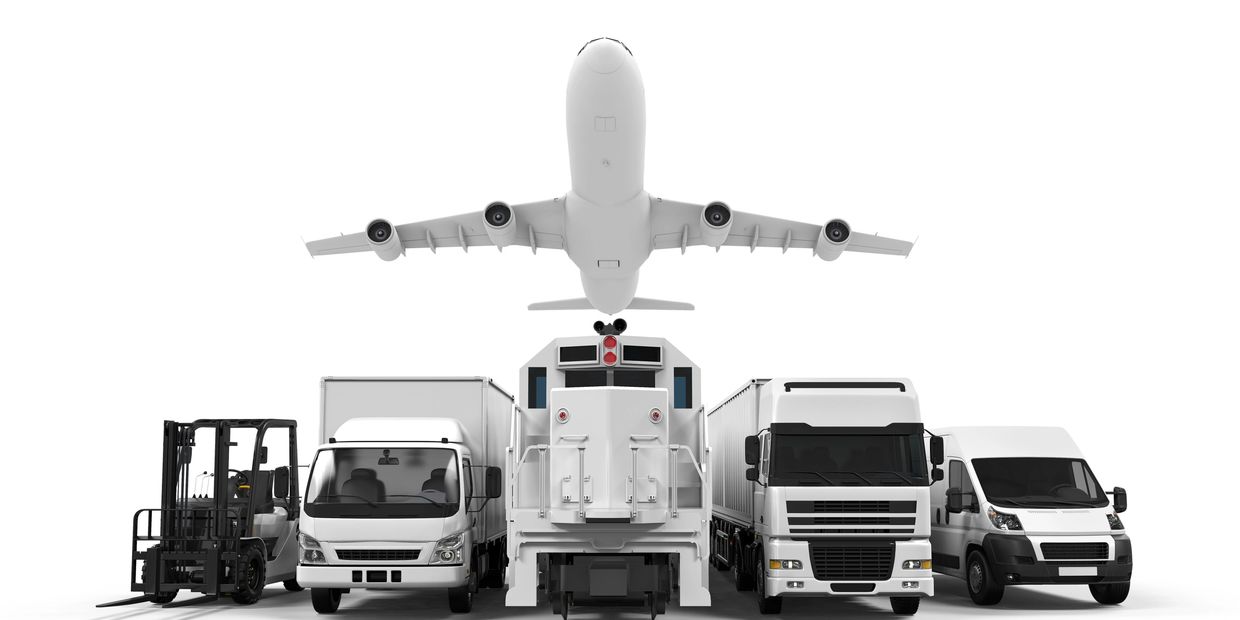 Various transport vehicles including plane, train, trucks, and forklift.