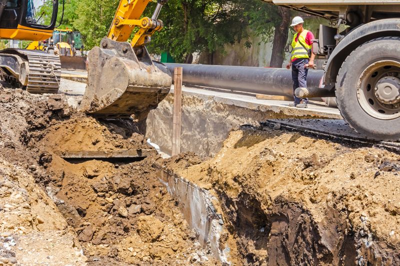 Excavator digging trench on a construction site