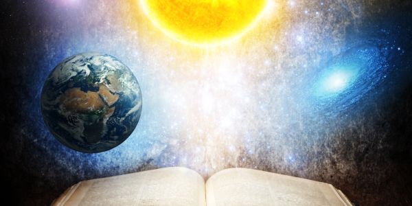 Open book with Earth, Sun, and galaxy above it.