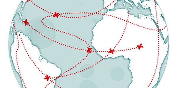 Map of the Atlantic with red dotted flight paths and location markers.
