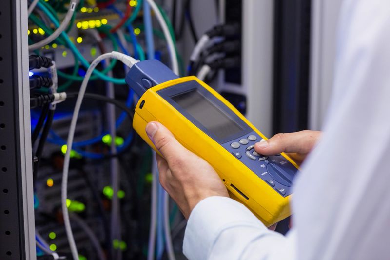 Close-up of a digital cable analyser in a large data center