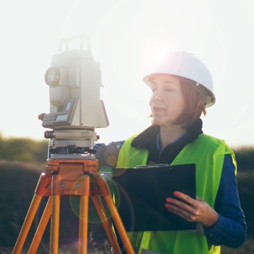 Female surveyor using equipment on construction site in safety gear.