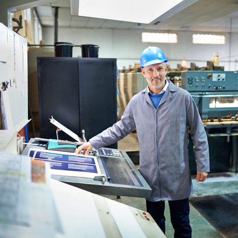 Portrait of a manager standing inside of a printing and packaging factory. The commercial designs displayed in this image represent a simulation of a real product and have been changed or altered enough by our team of retouching and design specialists so that they are free of any copyright infringements