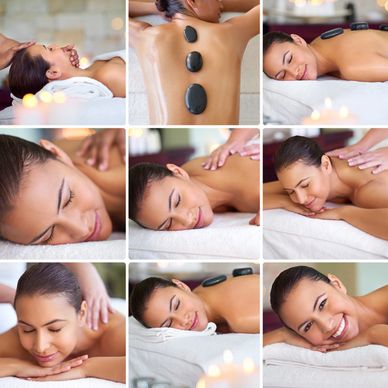 A woman enjoying a relaxing spa massage with hot stones and soothing treatments.