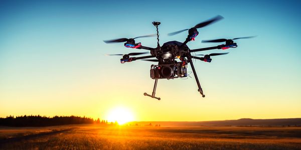 A professional drone capturing footage at sunset over a field.