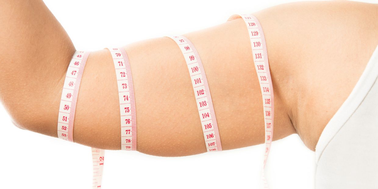 Arm wrapped with measuring tape to measure size.
