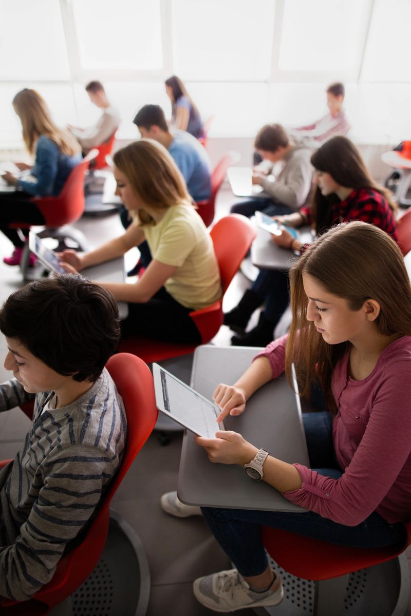 Large group of students sitting in a modern classroom and reading a lecture from an e-reader. Focus is on teenage girl in pink shirt.