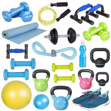 A collection of colorful fitness equipment including dumbbells, kettlebells, yoga mat, and sneakers.