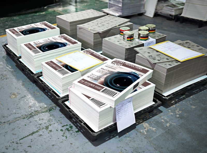 Shot of printed material on a pallet in a printing factory. The commercial designs displayed in this image represent a simulation of a real product and have been changed or altered enough by our team of retouching and design specialists so that they are free of any copyright infringements