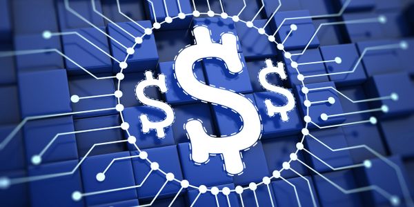 Digital dollar symbols connected by circuit lines on a blue grid background.