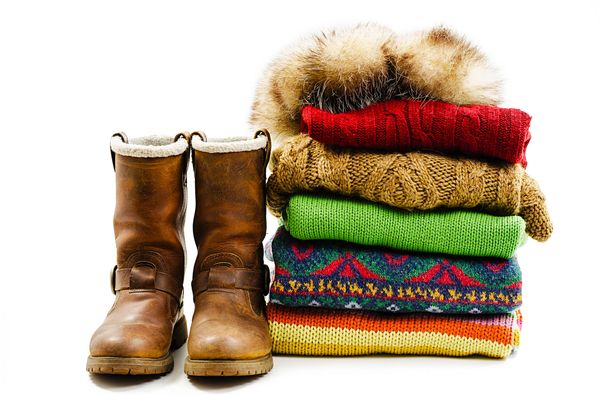 Winter boots and colorful knitted sweaters.