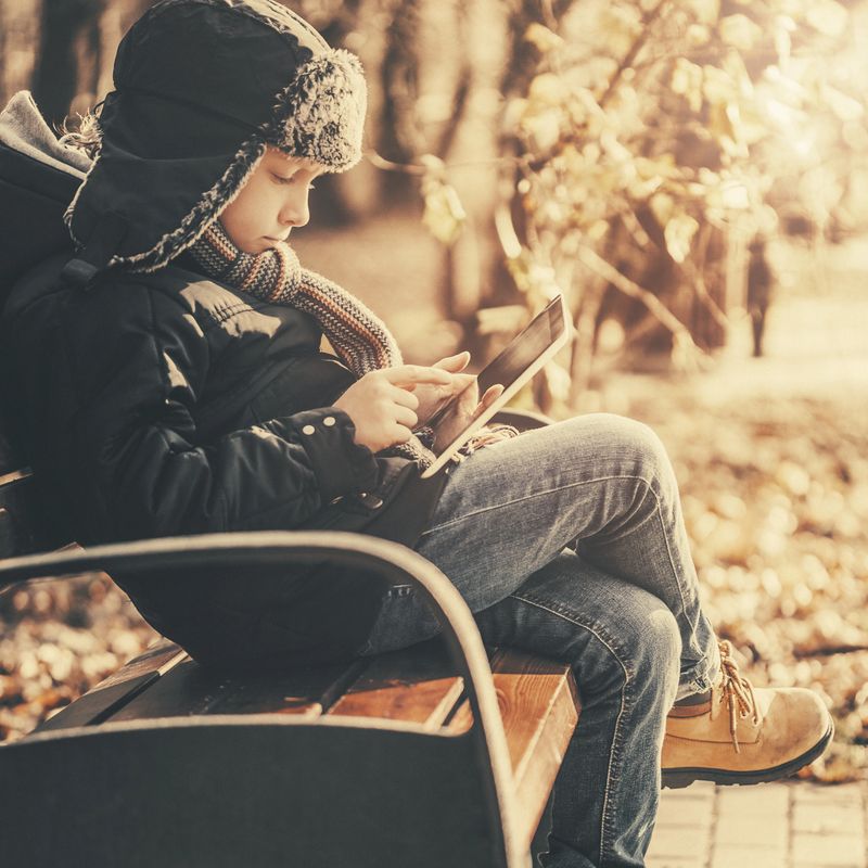 Small boy using digital tablet in park. Stock photo.