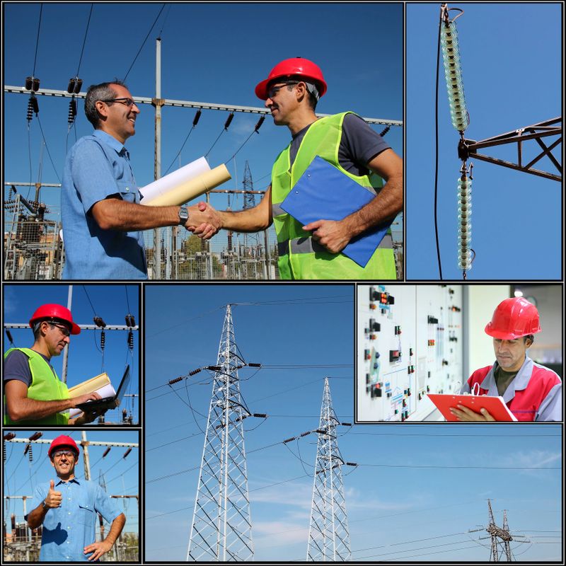 Collage of photographs showing electric company engineers and workers at work.