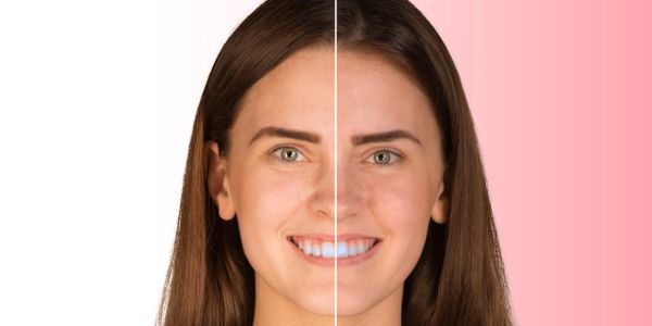 Split image showing a woman's face with makeup on one side and bare on the other.