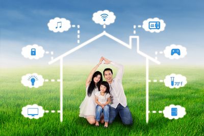 Happy family inside a smart home outline with connected technology icons.