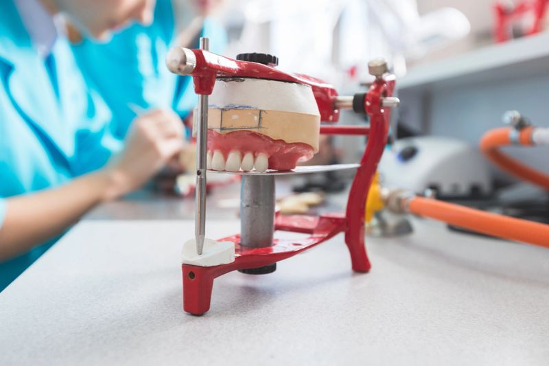 Students in a prosthodontic lab, learning prosthetic dentistry. Focus on denture.