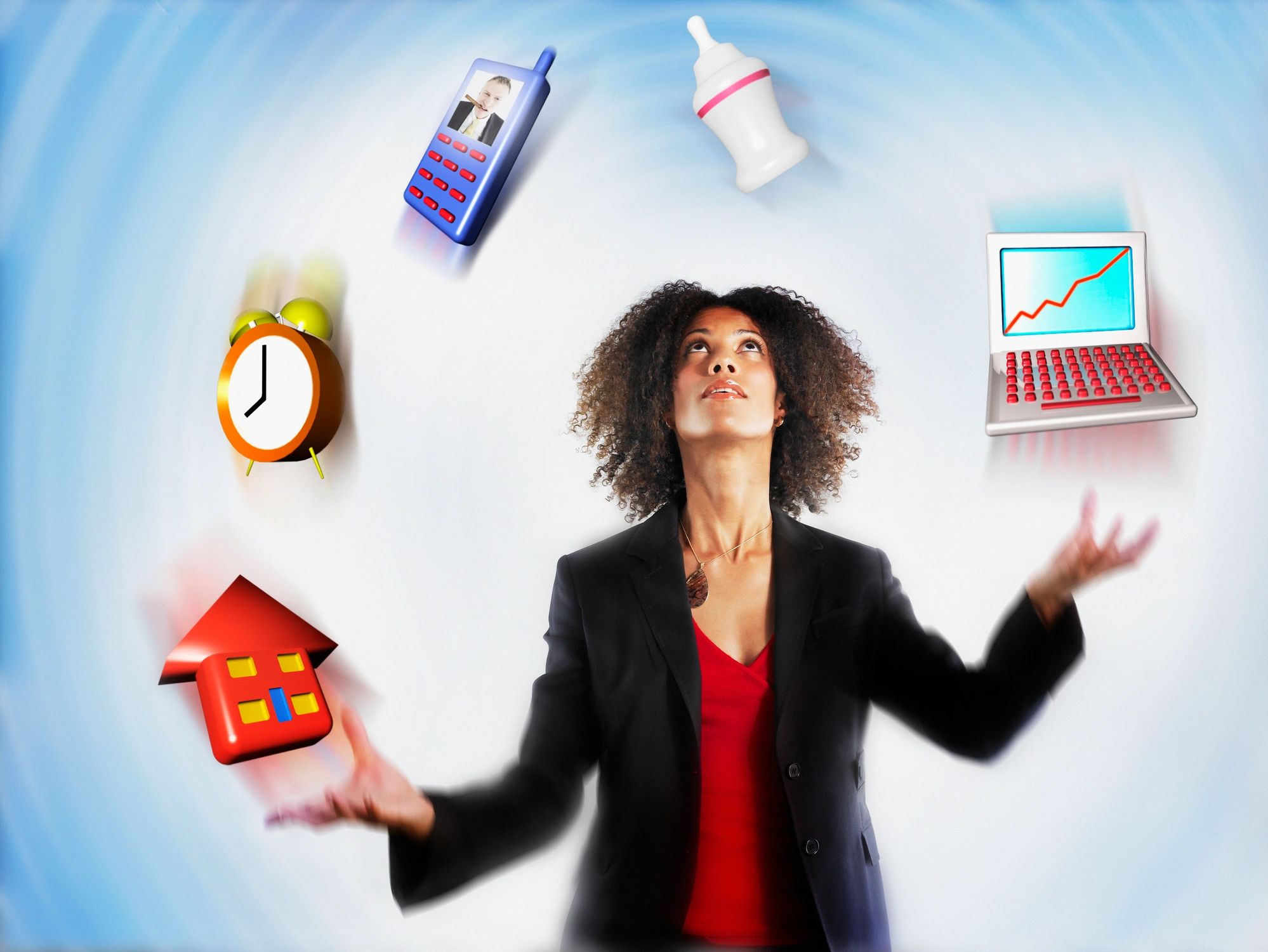 Businesswoman juggling multiple responsibilities and tasks.