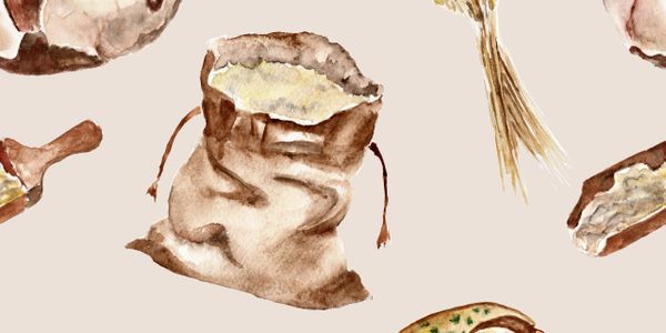 Watercolor pattern of bread, flour sacks, and wheat sheaves on beige.