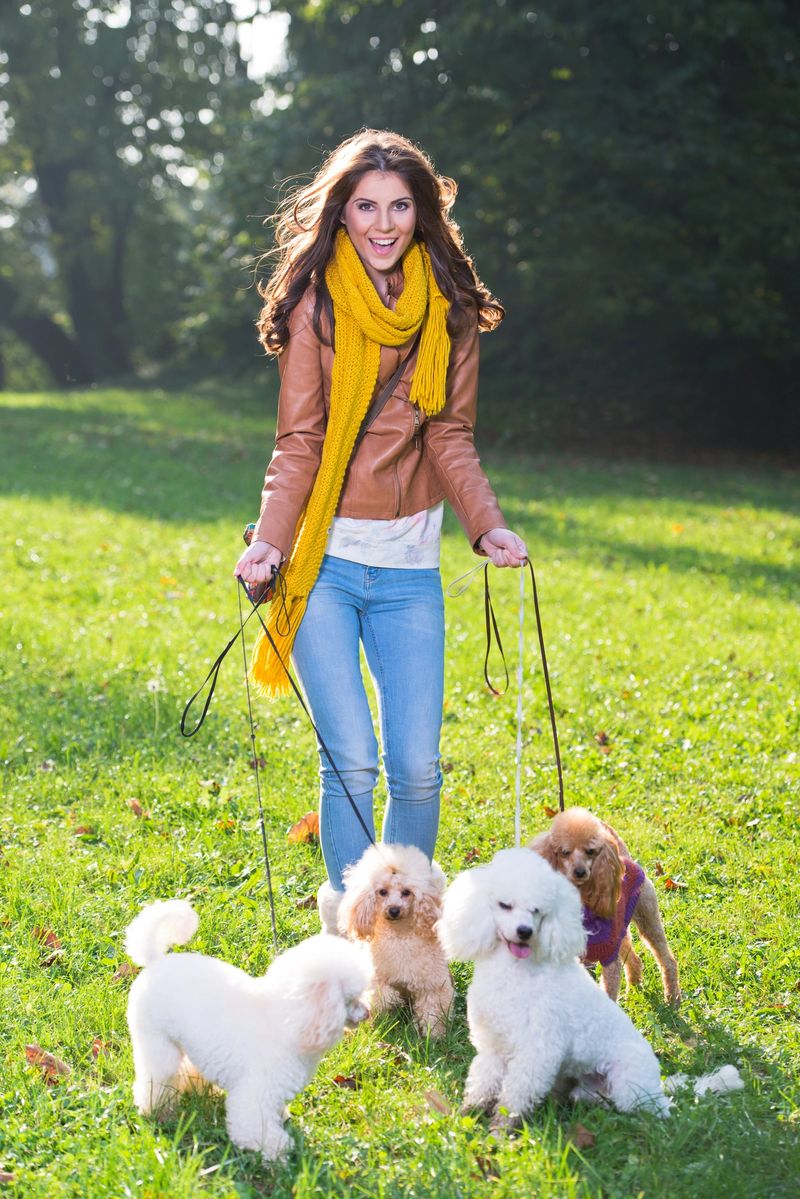 Beautiful young woman with four poodles in the park