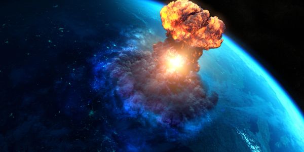Massive explosion on Earth seen from space with fiery clouds.