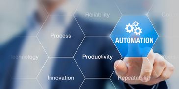Finger pointing at automation concept on digital interface with business terms.