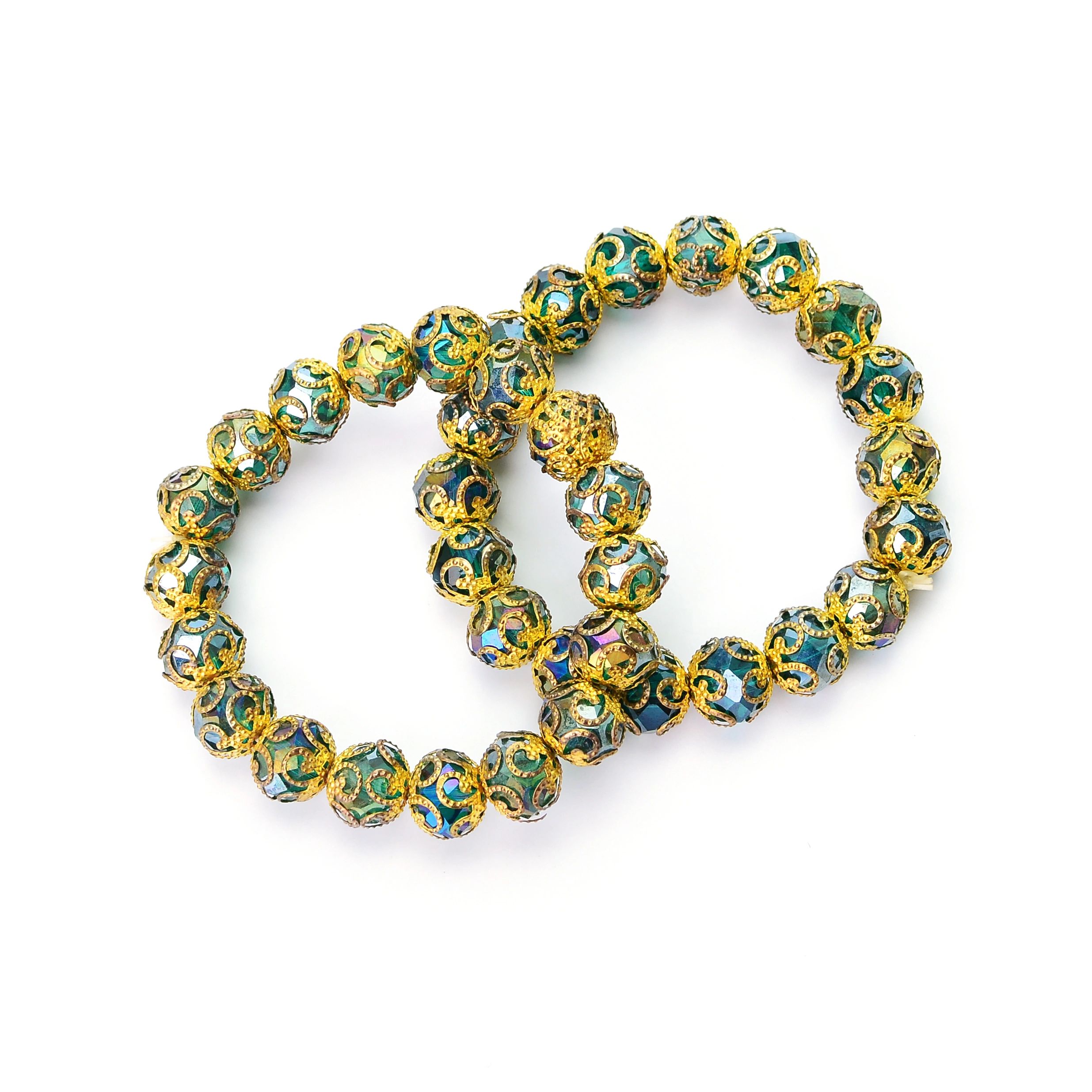 Two green and gold ornate beaded bracelets.