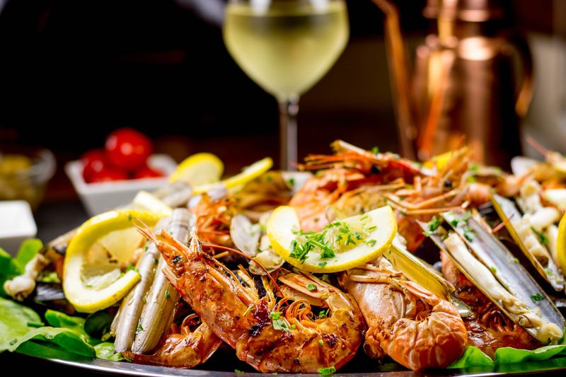 Seafood platter with chilled white wine