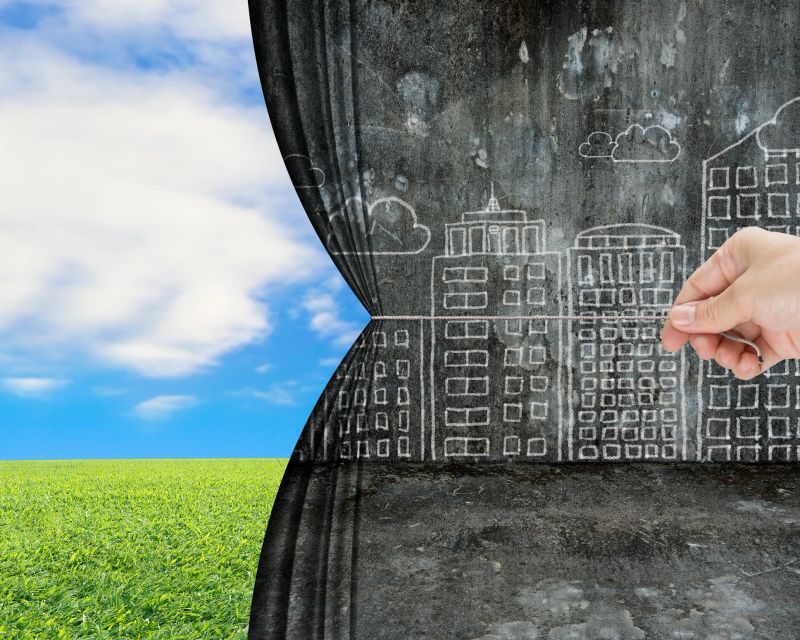 hand pulling dirty cityscape doodles curtain discovered natural sky meadow, environmental protection concept. Doodles in this image was created via Photoshop cc by me.