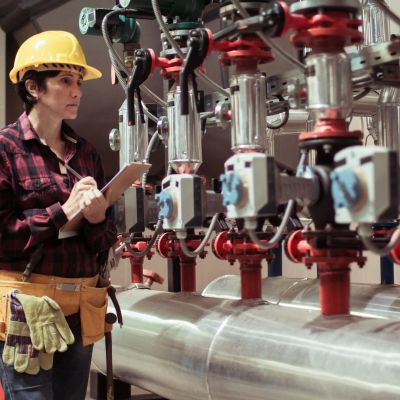 Engineer inspecting industrial pipes with clipboard.