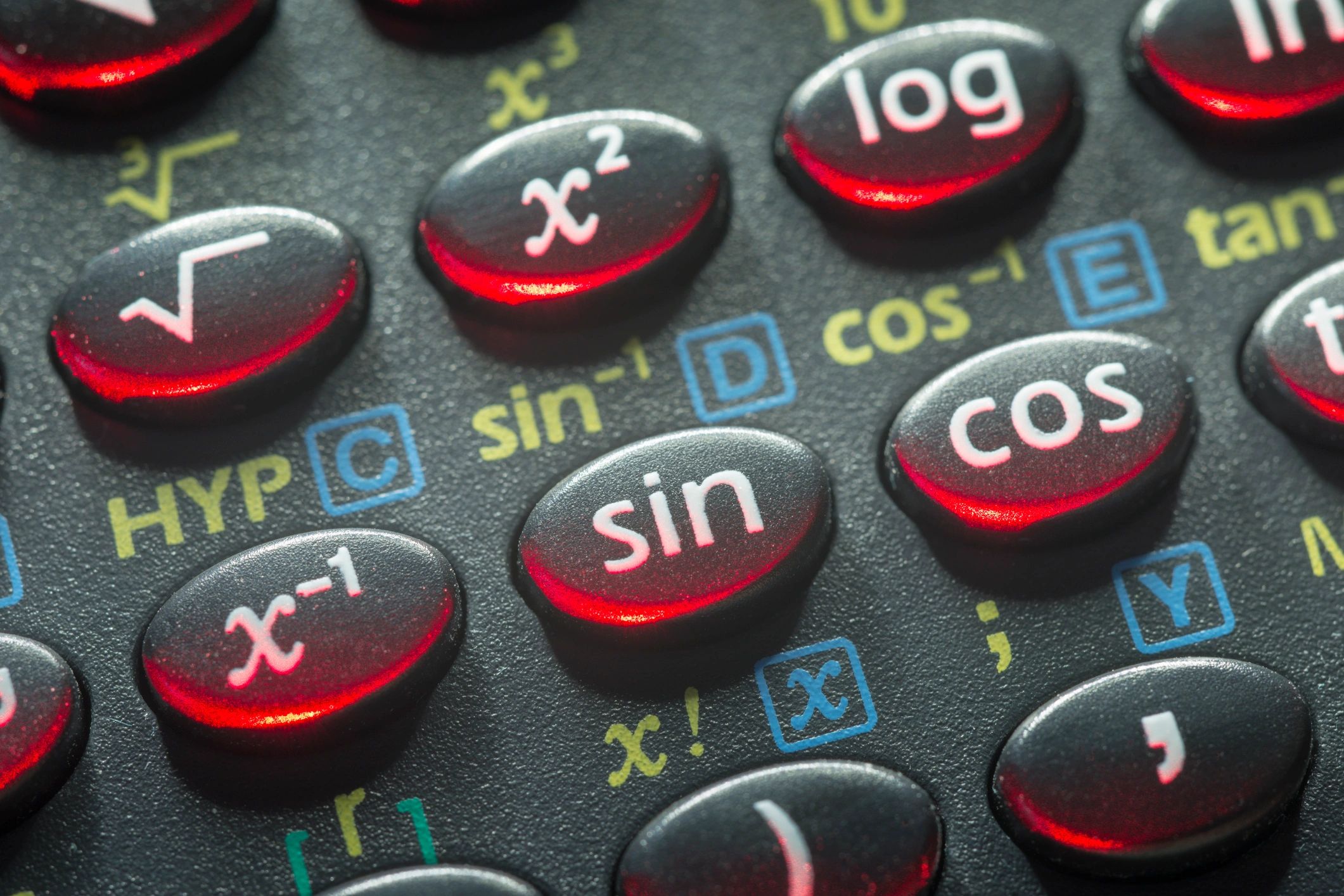 Close-up of scientific calculator buttons with math functions.
