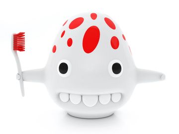 A cute, white cartoon character with red spots holding a red toothbrush.
