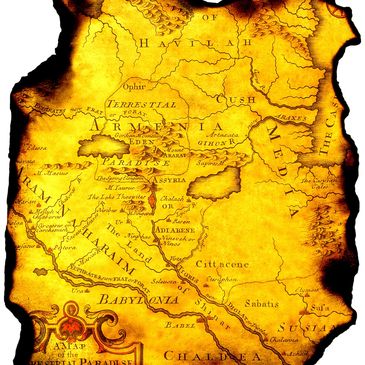 Antique map depicting ancient regions like Armenia, Babylonia, and Chaldea with a burnt parchment effect.