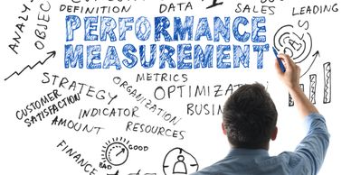 Person writing business and performance measurement terms on a whiteboard.