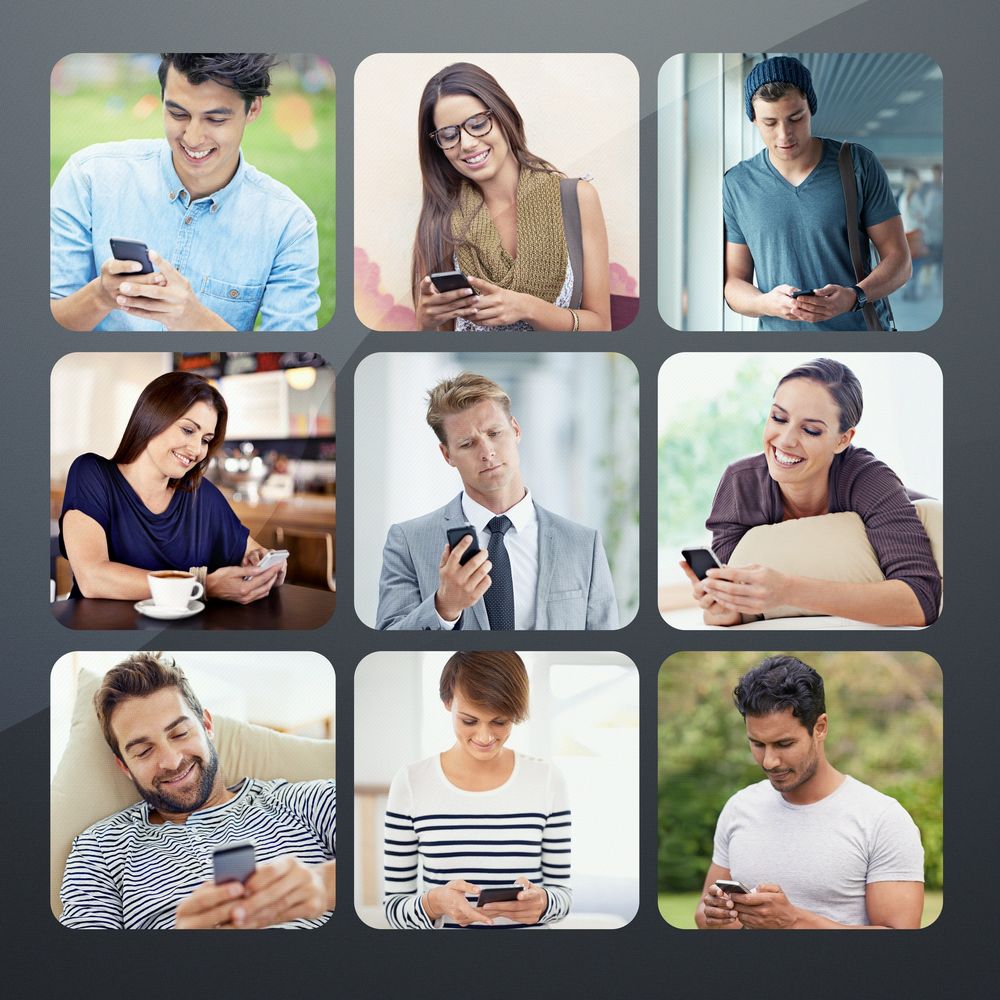 Collage of diverse people smiling and using smartphones in various settings.