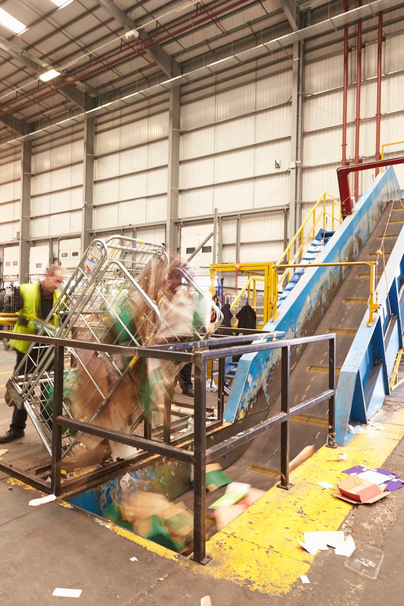 A roll cage of cardboard is emptied into recycling machinery