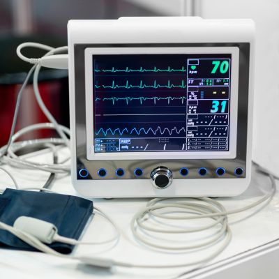 Medical monitor displaying heart rate and vital signs in a clinical setting.