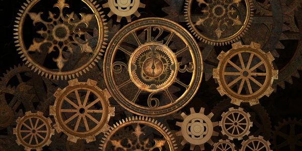 Intricate vintage clock gears and cogs interlocking in a steampunk style.