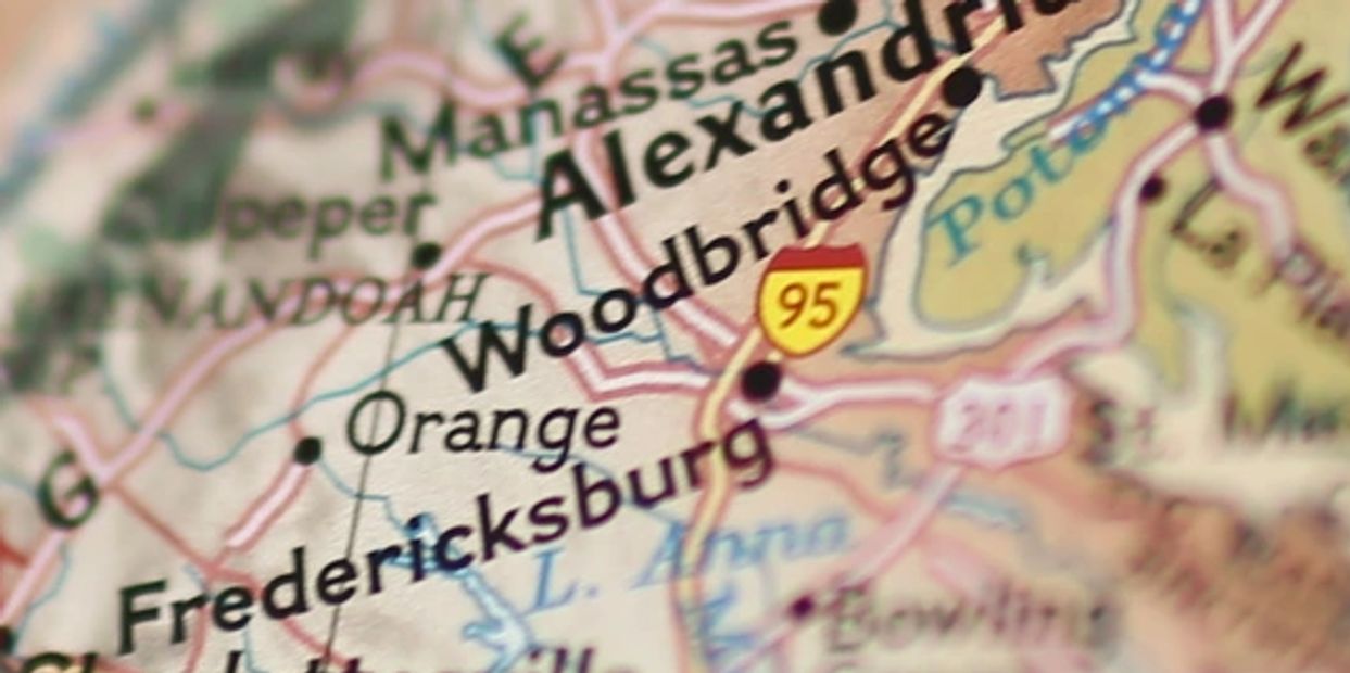 Close-up of a map showing Woodbridge, Fredericksburg, and Alexandria in Virginia.